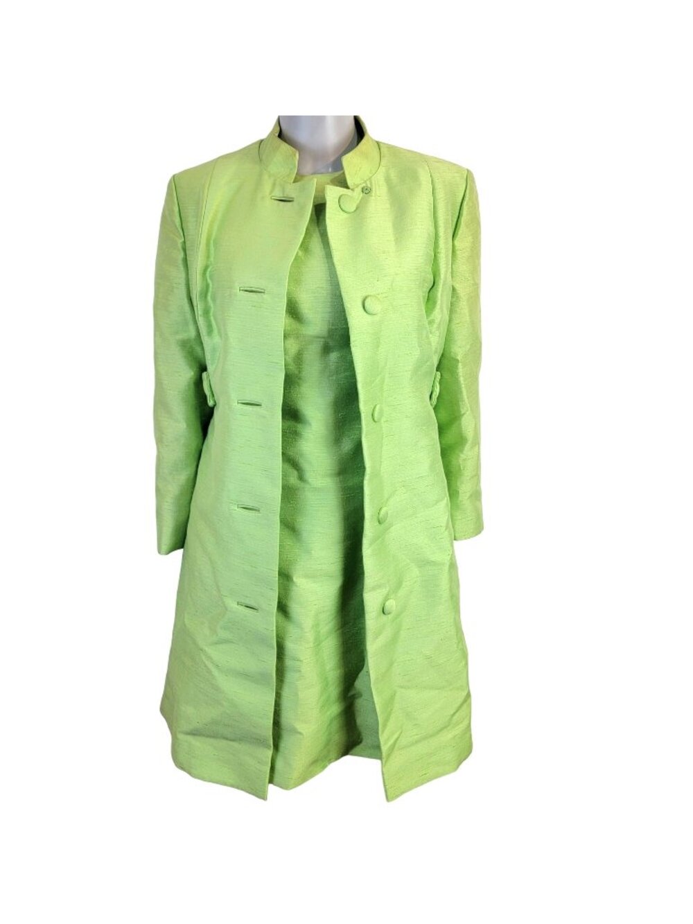 Vintage 60s Mod Silk Set Women 10 Medium Green Peacoat Jacket Knee Length Dress